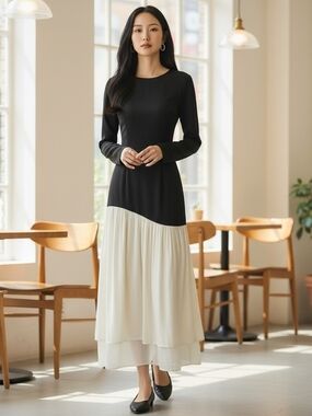 Commense Black and Cream Two-Tone Long-Sleeve Maxi Dress